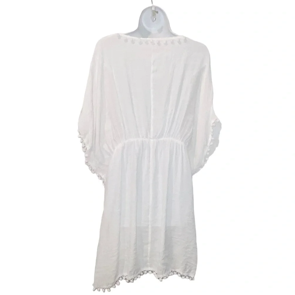 ✨NEW✨ Pom Pom Boho White Beach Swimsuit Side Slits CoverUp Top - OS - Picture 7 of 9